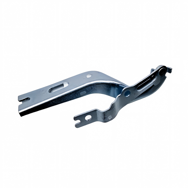 Steel hood hinge bracket with black hinge bushing and mounting holes