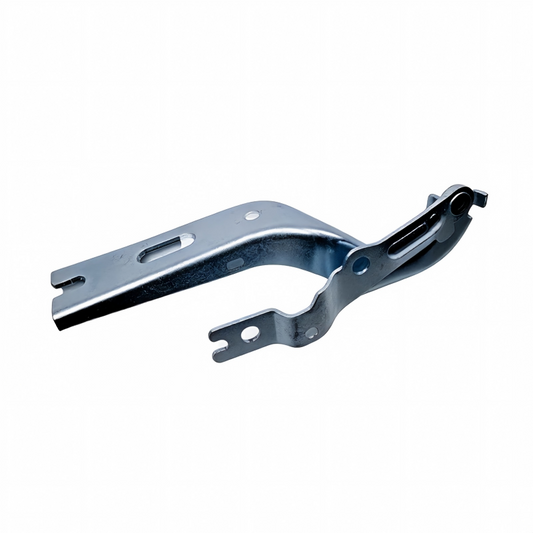 Steel hood hinge bracket with black hinge bushing and mounting holes