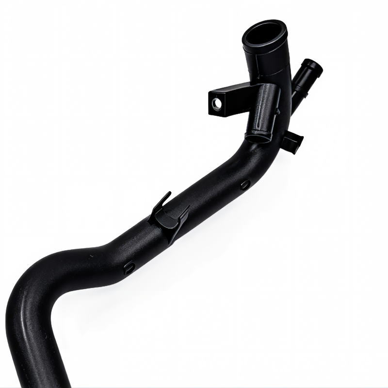Black coolant hose with mounting bracket and outlet ports, curved
