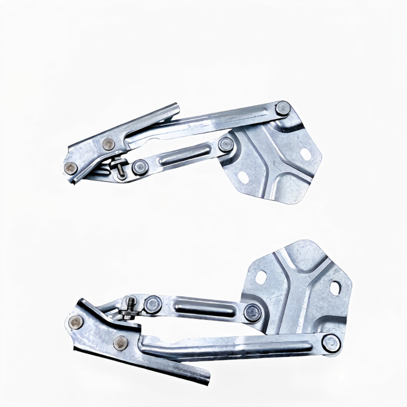 Hood hinge bracket pair, silver steel hinges with mounting brackets and connecting rods.