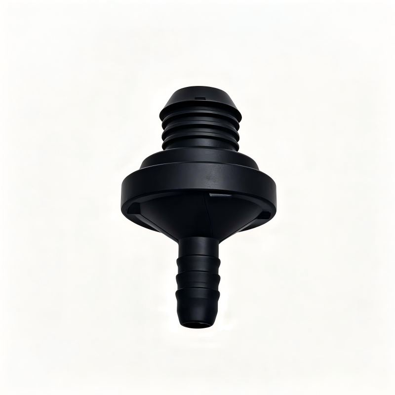 Black vacuum check valve with top ridges and barbed outlet hose connection