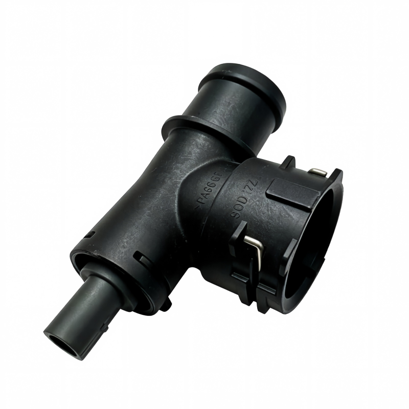 Black coolant hose connector T-joint with round mounting collar and sensor