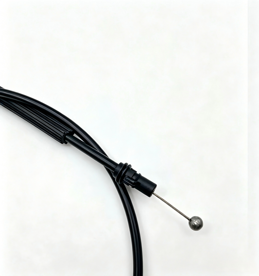 Black hood release cable assembly with metal ball tip and plastic grommet