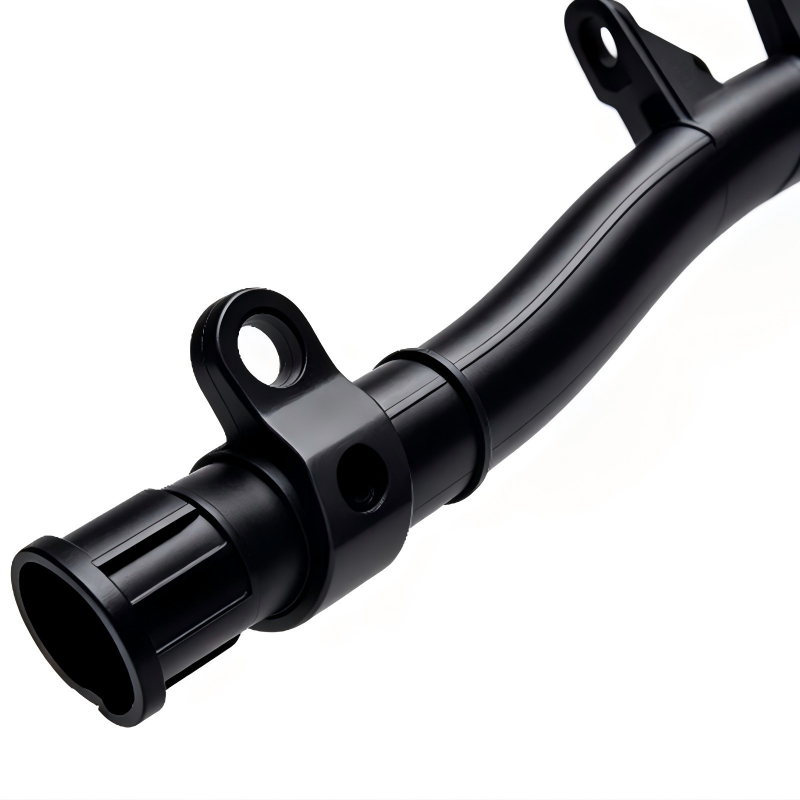 Engine oil dipstick guide tube, black tubular part with flange end openings