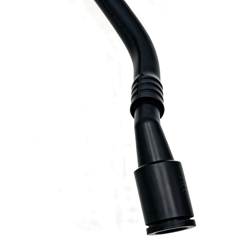 Black crankcase vent hose close-up with ribbed connector and end coupler