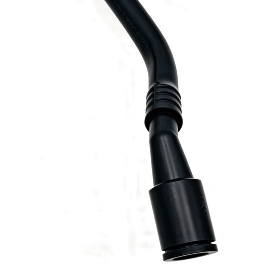 Black crankcase vent hose close-up with ribbed connector and end coupler