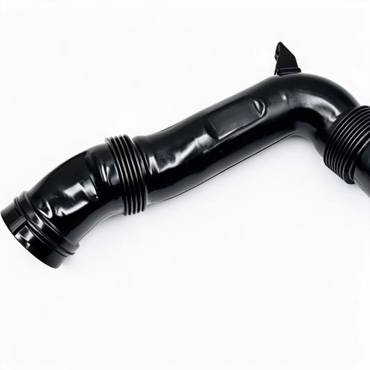 Black ribbed air intake hose with L-bend and two threaded outlet ends