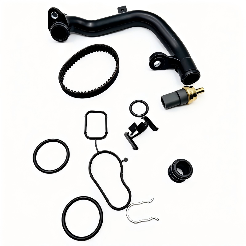 Black curved coolant hose repair kit with O-rings, gaskets, and brass connector.