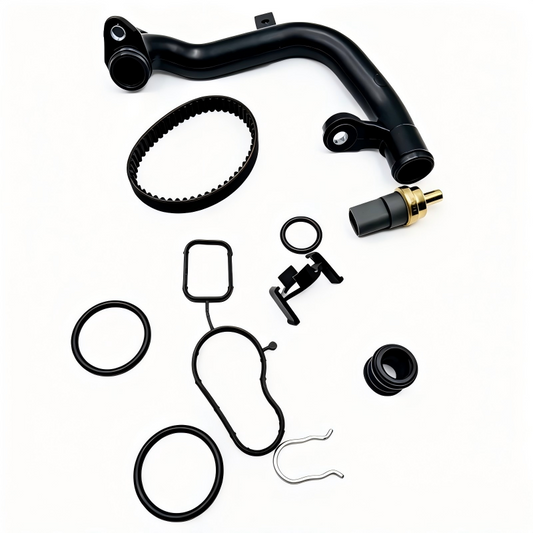 Black curved coolant hose repair kit with O-rings, gaskets, and brass connector.