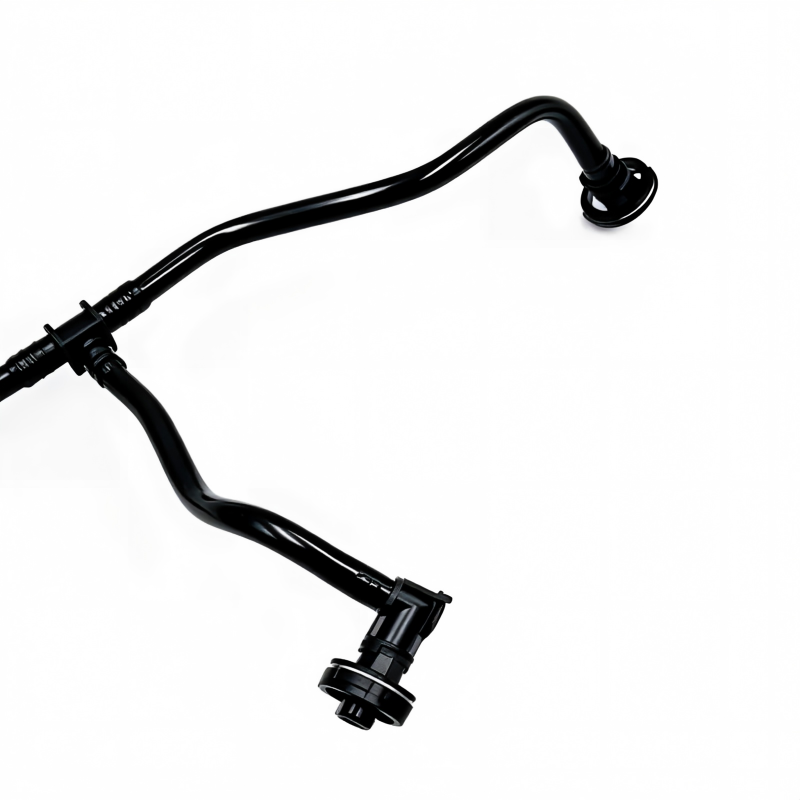 Coolant reservoir hose with black tubing and threaded plastic inlet connector