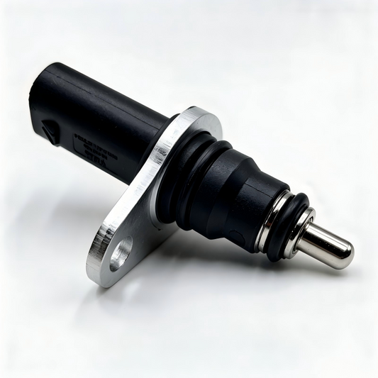 Coolant temperature sensor, side view with threaded metal probe and rubber seal
