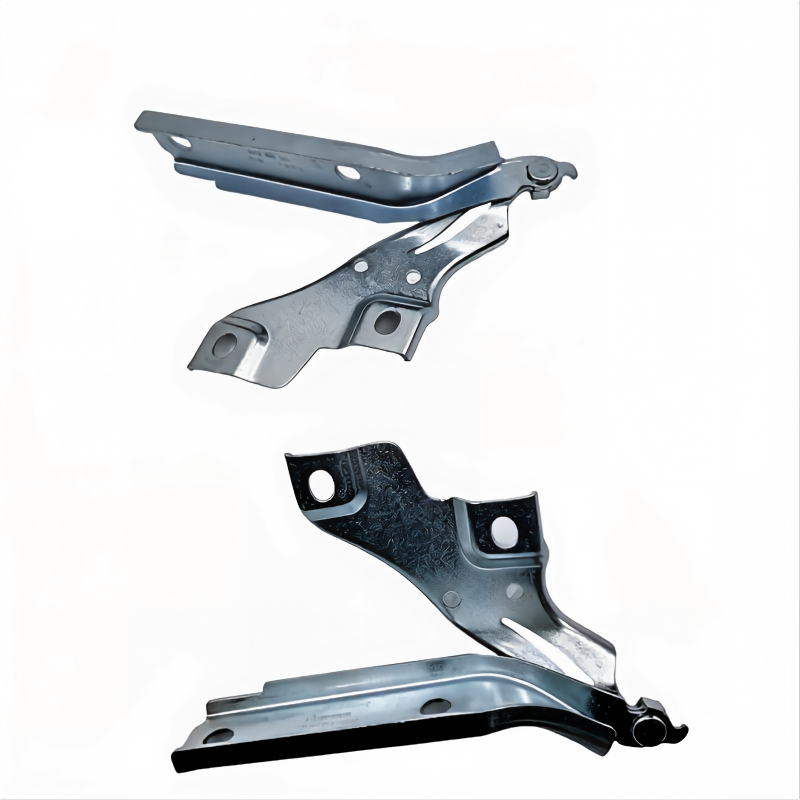 Pair of hood hinge brackets with mounting holes and pivot parts