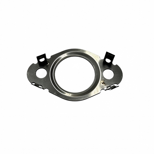 Oil line seal housing with metal ring, corner cutouts, and four mounting tabs