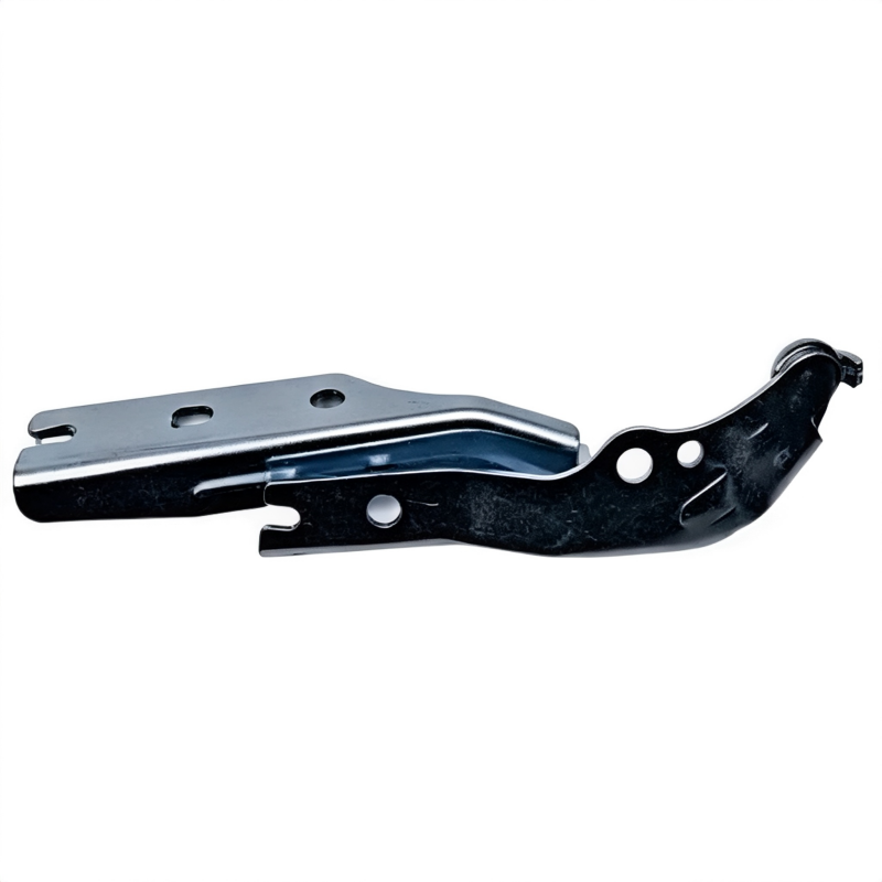 Hood hinge bracket with black base and silver arm, pivot joint and bolt holes