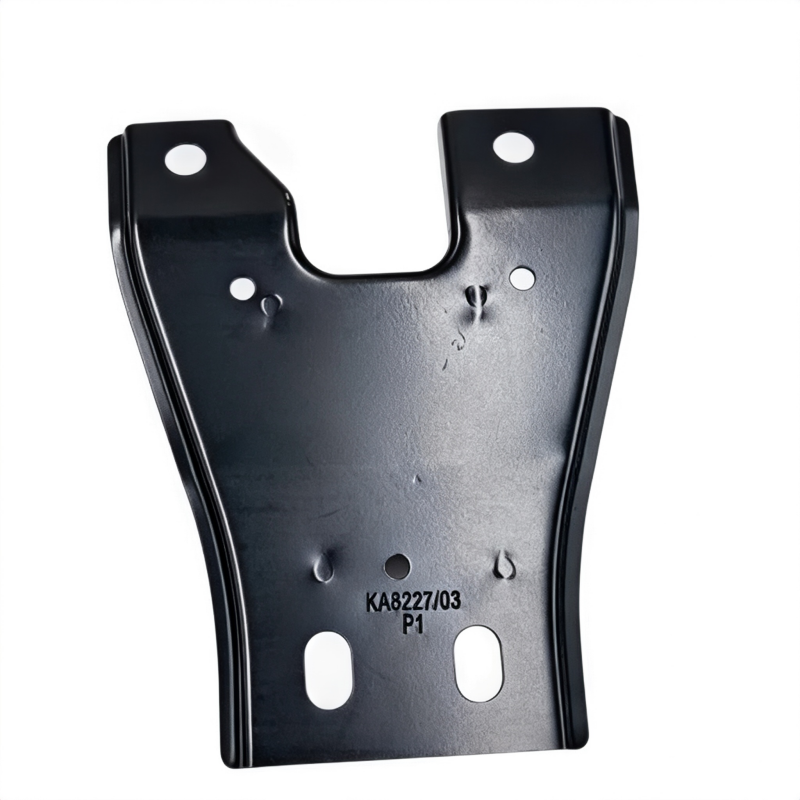 Dark hood latch bracket plate with curved top, four mounting holes and central cutout