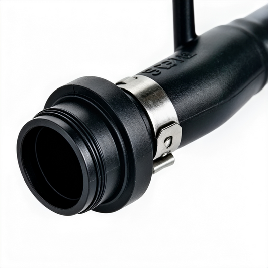 Crankcase vent hose with metal clamp band and ribbed black inlet end