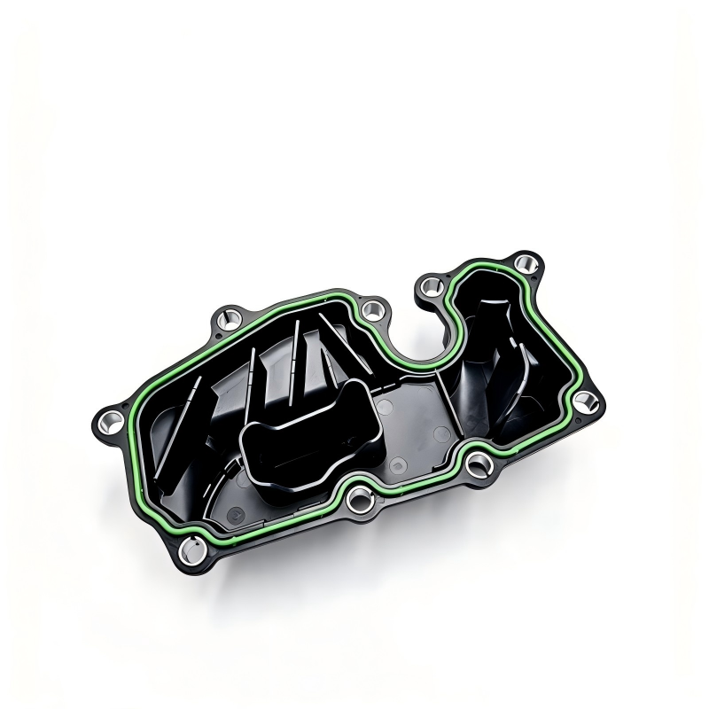 Engine oil separator housing with green seal trim and inner baffle channels