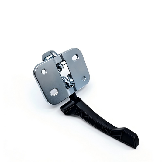 Hood latch with chrome spring and black plastic release lever