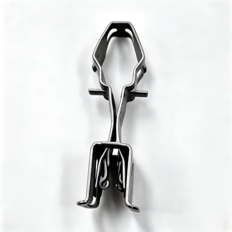 Metal A-pillar trim clip with U-shaped prongs and locking bar