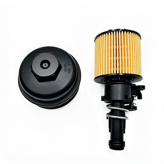 Oil filter canister with yellow pleated cartridge and black mounting cap