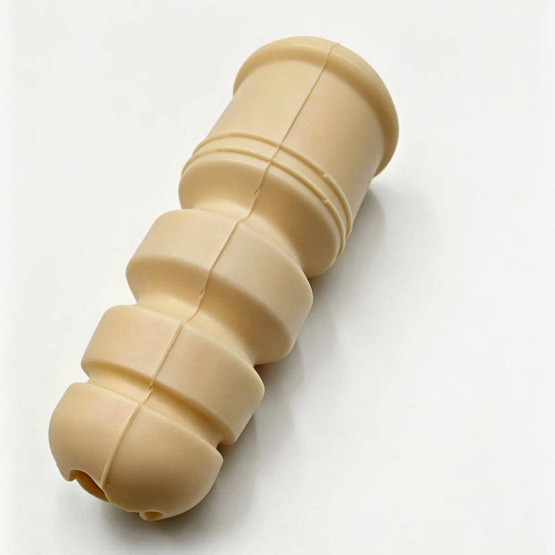 Rear shock absorber bump stop, beige rubber buffer with segmented rings and cup end