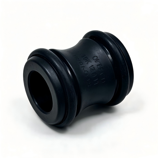 Black coolant hose connector, curved shape with molded markings and ribbed ends