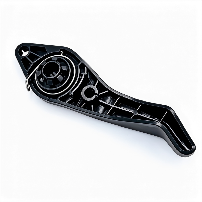 Hood latch handle with internal mechanism detail, black plastic automotive part
