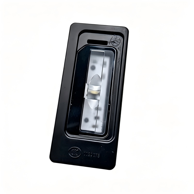 License plate light with clear lens in black rectangular housing