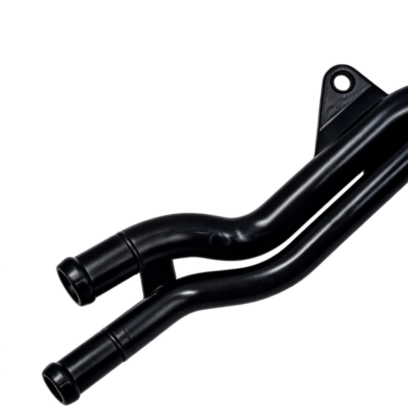 Curved black coolant hose with two connector ends and mounting hole bracket