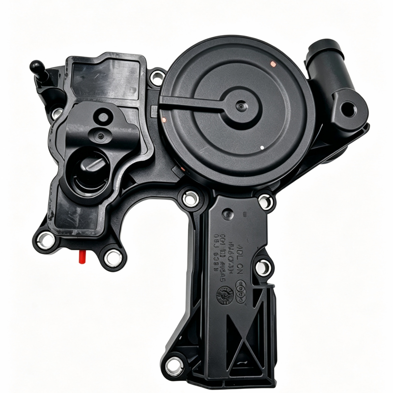 Black oil separator with circular cover and two side ports, mounting holes
