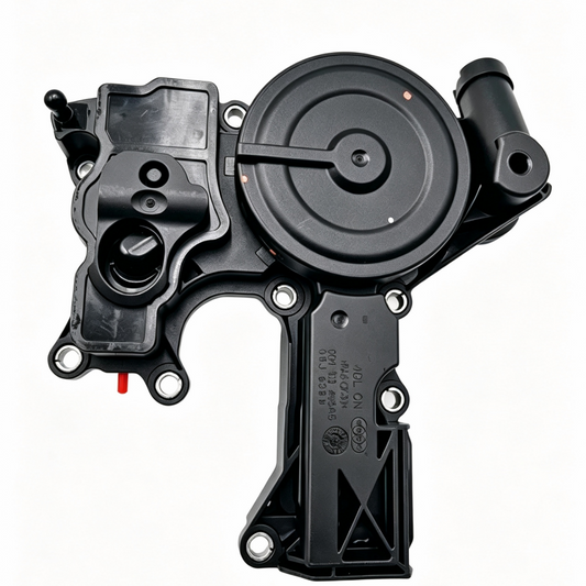 Black oil separator with circular cover and two side ports, mounting holes