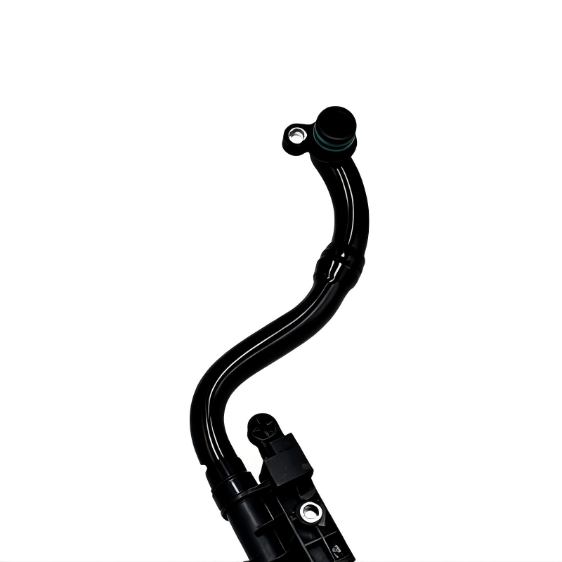 Black curved crankcase breather hose with rubber elbows and mounting bracket