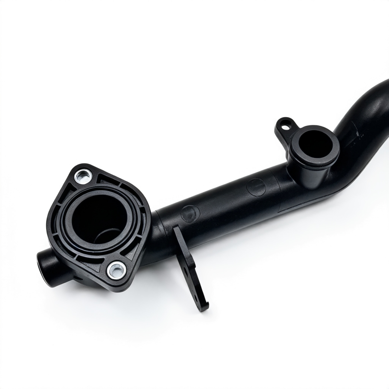 Black coolant hose with two flanged ports and bracket tab