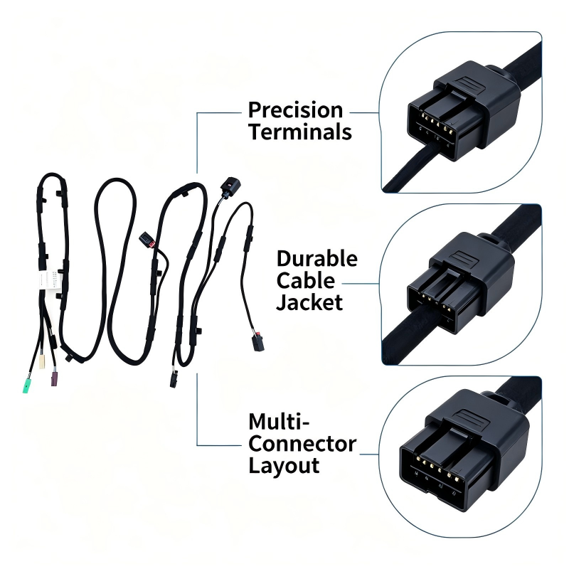 Left rear trunk wiring harness with multi-connector terminals and durable black cable jacket.