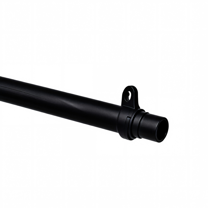Black engine oil dipstick guide tube end with mounting hole and ribbed section