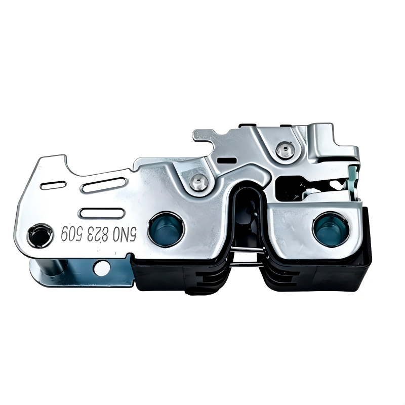 Automotive hood latch striker with two black mounting blocks and metal plates