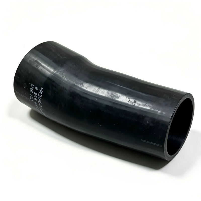 Black turbocharger boost pipe hose with molded curve and visible printing on surface