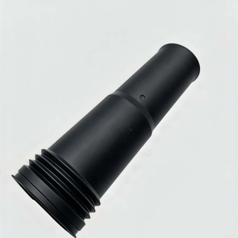 Rear shock absorber dust boot, black rubber sleeve with ridged collar and holes