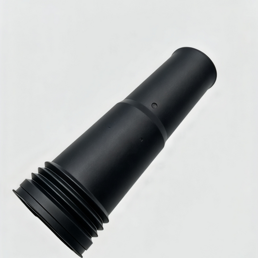 Rear shock absorber dust boot, black rubber sleeve with ridged collar and holes