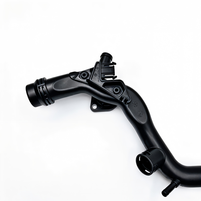 Black coolant pipe with molded fittings and mounting bracket, angled view