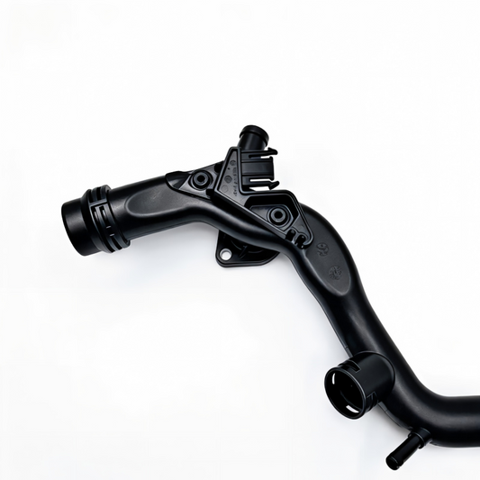 Black coolant pipe with molded fittings and mounting bracket, angled view