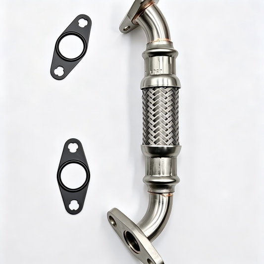 Turbocharger oil line with braided flexible section and two oval gaskets