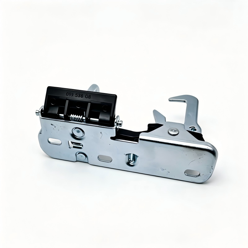 Hood latch assembly with black actuator housing and silver mounting plate