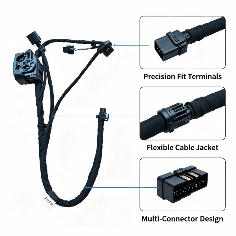 Black wiring harness with multi-connector plugs, flexible cable jacket, and sealed terminals