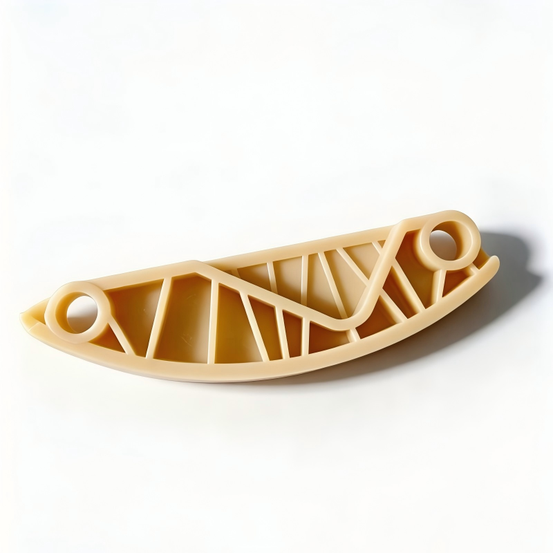 Timing chain guide rail, long ribbed beige plastic bar with circular end hole