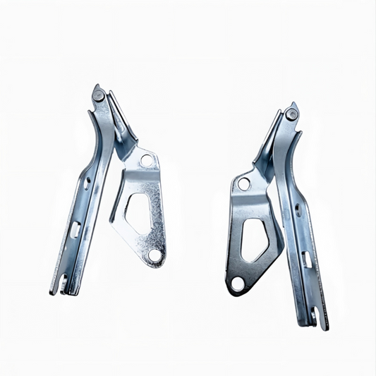 Pair of hood hinge brackets, chrome arms with black mounting plates