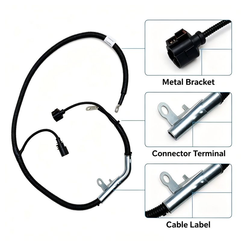 Alternator wiring harness with black cable loom, metal bracket, terminal lugs, and plug connectors