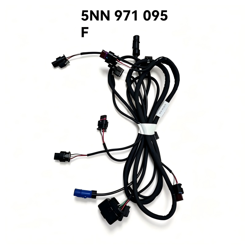 Automotive wire harness with black wire bundle and several plastic plug connectors