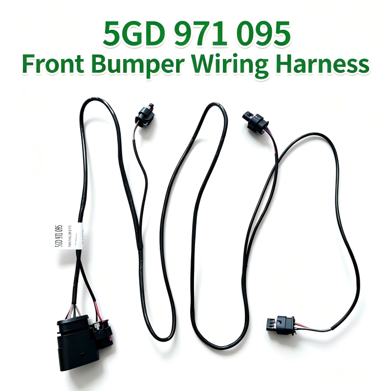 Front bumper wiring harness with long black cable leads and connector ends
