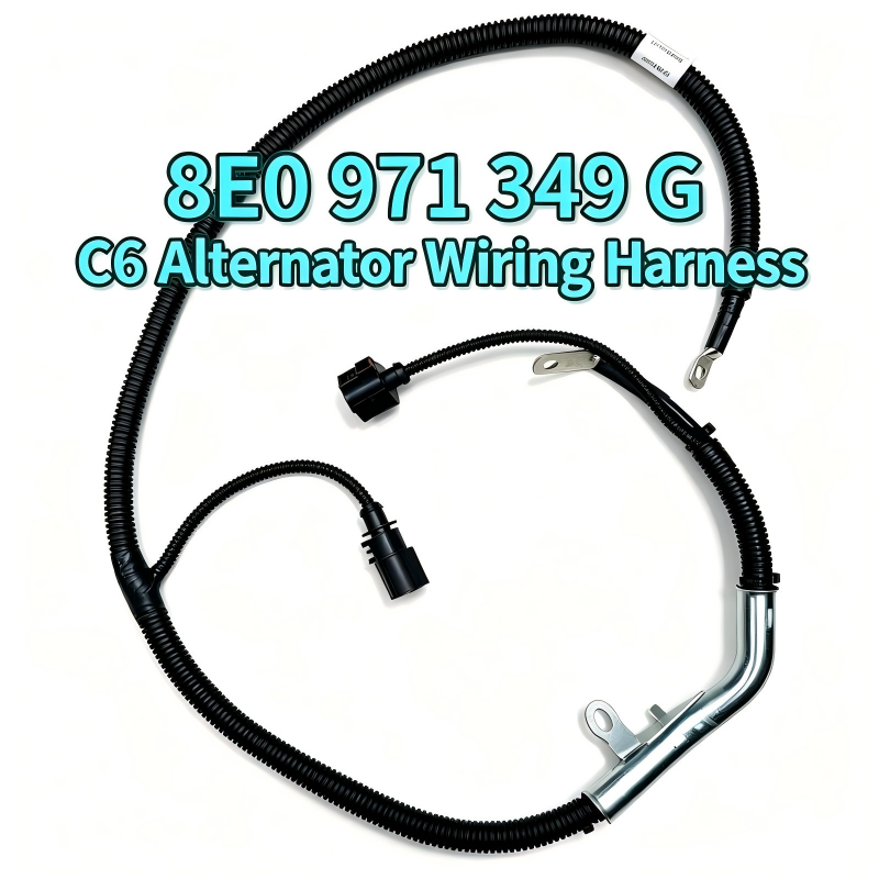 Alternator wiring harness with black cable loom and silver U-shaped metal terminal